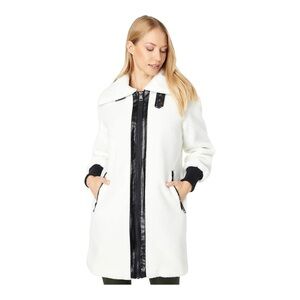 Cream Longline Leather Trim Sherpa Coat Soft Girl Minimalist Cozy Wintercore XS